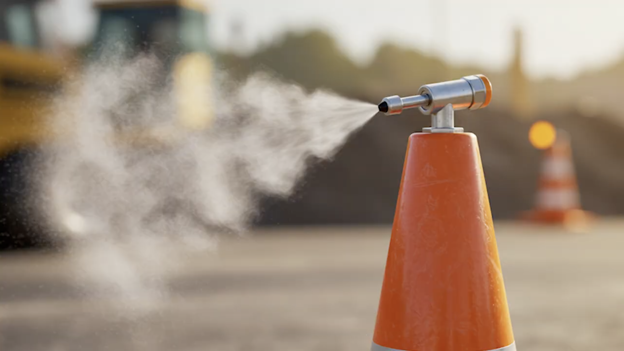 Close-up of a misting device mounted on an orange traffic cone, demonstrating SMARTrack technology used for roadway paving and construction monitoring.