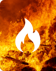 White flame icon over a background of active flames and burning wood