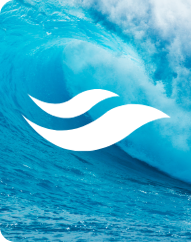 White wave icon over a large blue ocean wave background