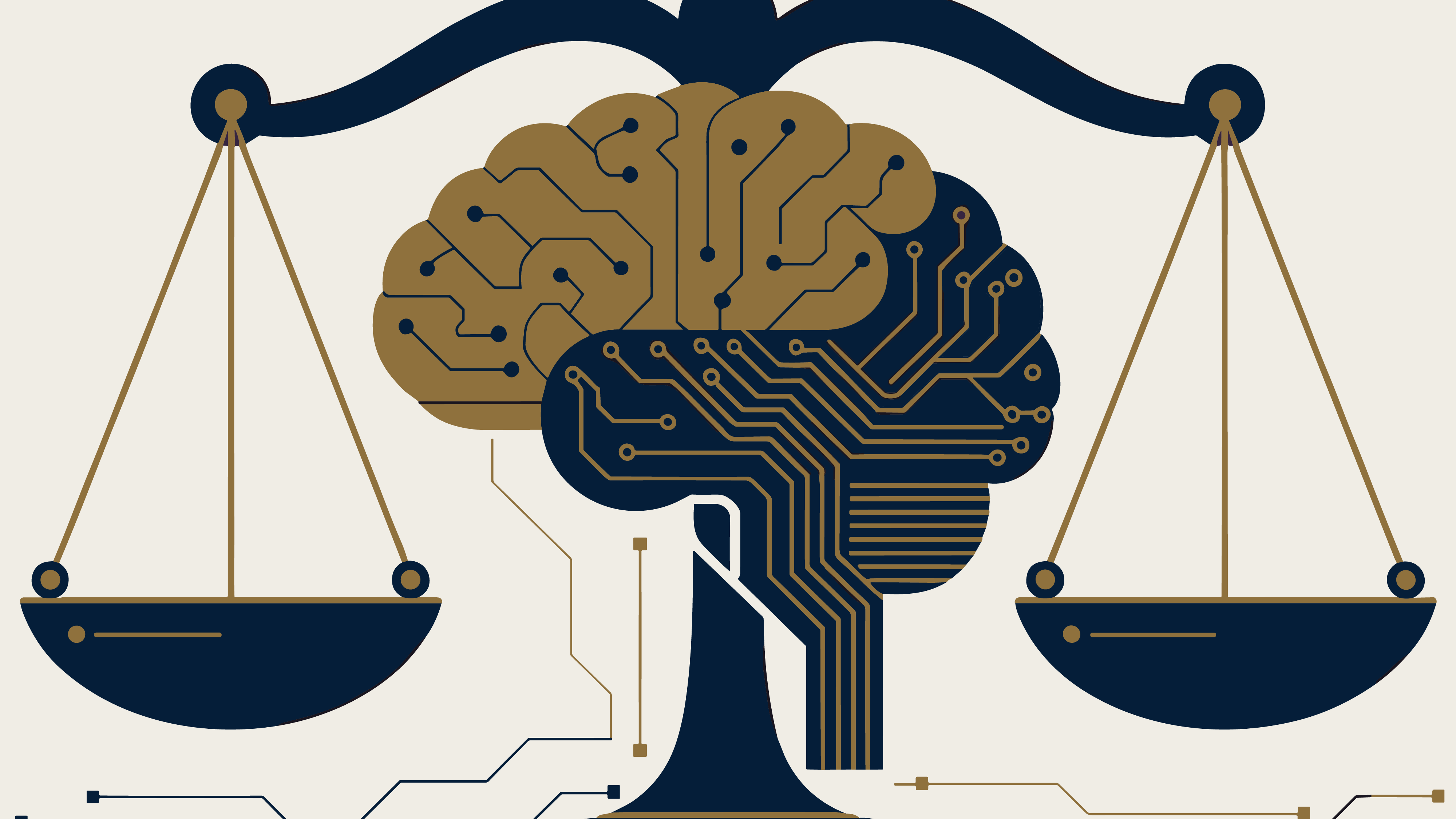 Illustration of a balance scale framing a stylized brain composed of circuit-board patterns, symbolizing the intersection of artificial intelligence, neurotechnology, ethics, and law.