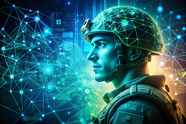 Digital illustration of a soldier wearing a helmet overlaid with network connections, data points, and artificial intelligence graphics, representing neurotechnology and defense research.