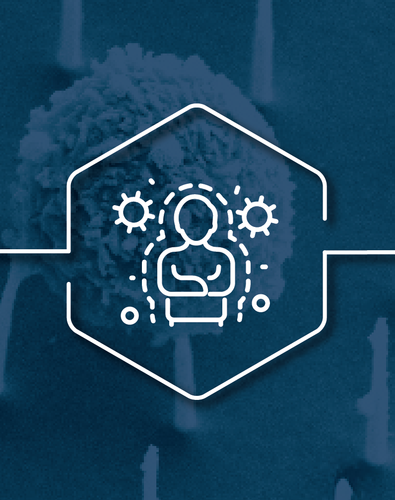 Illustration of a person inside a stylized hexagonal shield surrounded by immune cell icons, overlaid on a blue-tinted scanning electron microscope image of immune cells interacting with a textured microscopic surface.