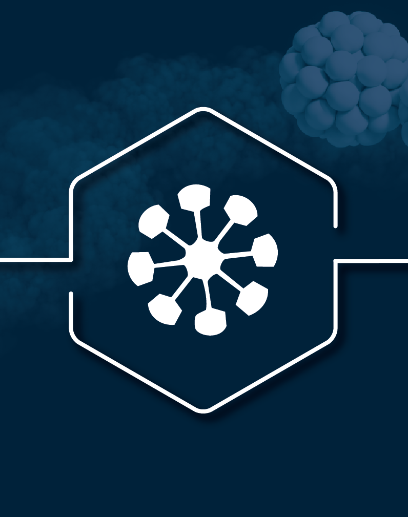 Abstract graphic of a white networked robot symbol inside a hexagon on a dark blue background.