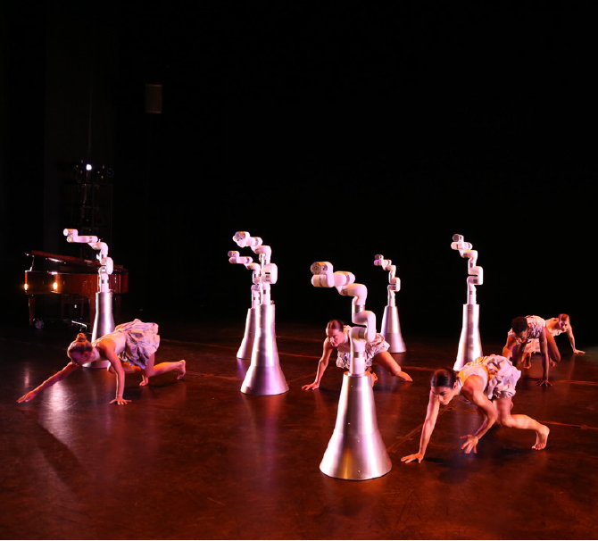 Connecting emotionally: Georgia Tech’s interactive FOREST robots perform with Kennesaw State University dancers Christina Massad, Darvensky Louis, Ellie Olszeski, Bekah Crosby, and Bailey Harbaugh (Photo credit: Gioconda Barral-Secchi, IGNI Productions)