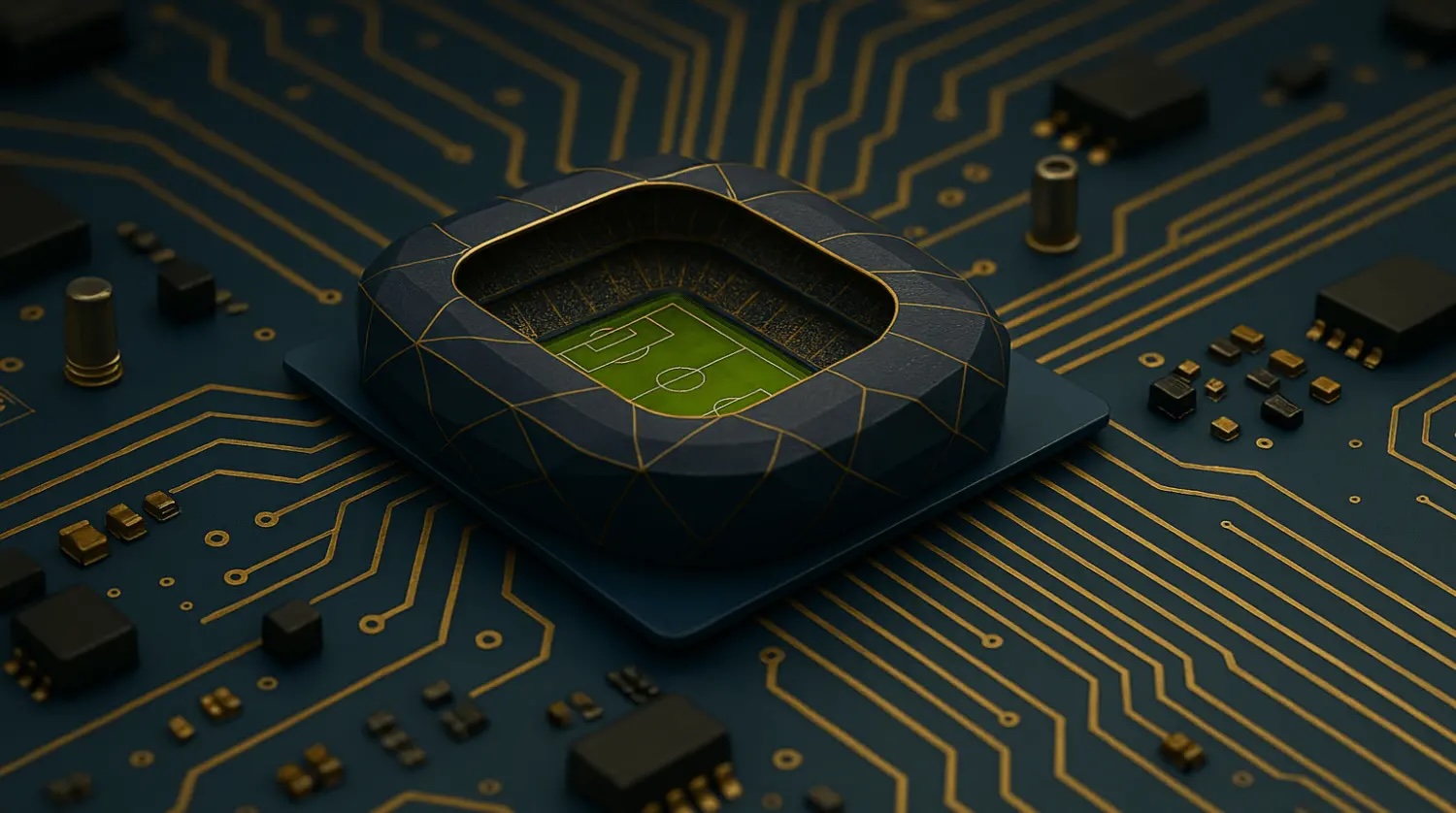 Stock image that shows a soccer stadium as the center of an AI chip design