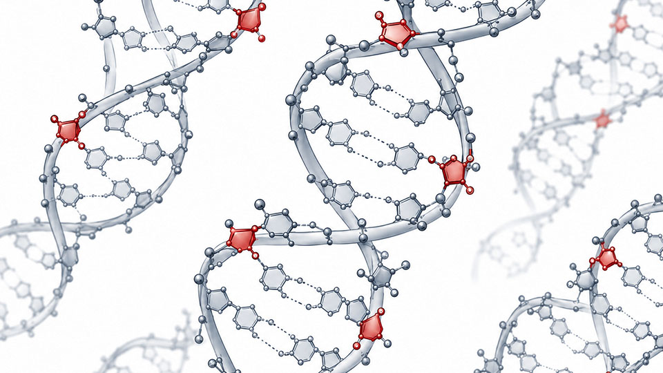 Scientific rendering of multiple DNA double helices with several embedded ribonucleotides highlighted in red along the strands. The red RNA building blocks appear at distinct locations within the gray DNA structure, illustrating how ribonucleotides can become incorporated into human DNA.
