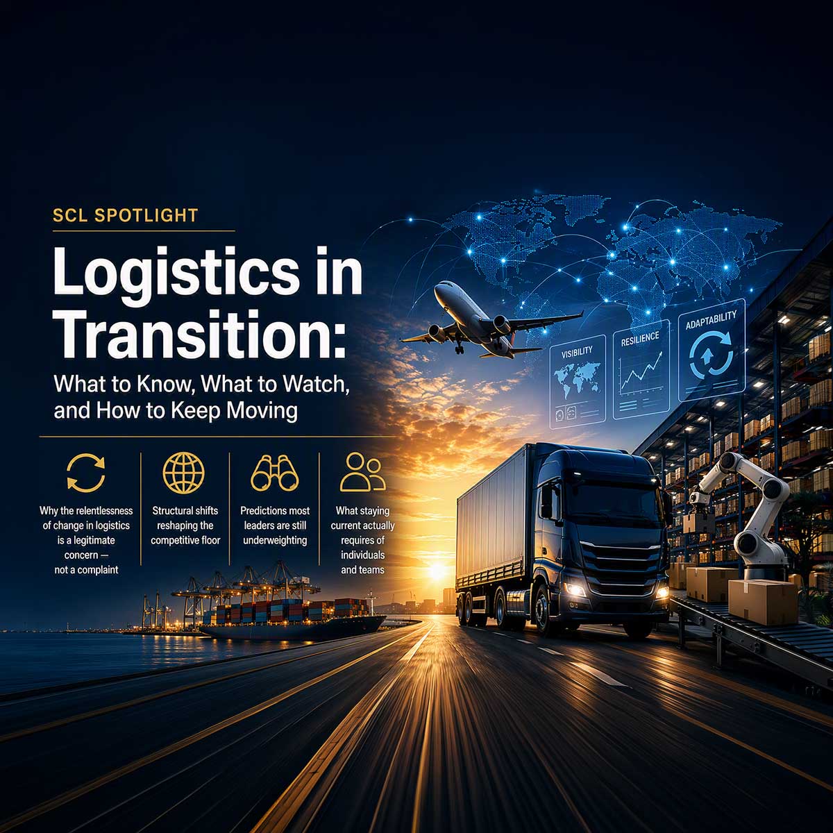 Promotional graphic titled ‘SCL Spotlight: Logistics in Transition: What to Know, What to Watch, and How to Keep Moving,’ featuring a global supply chain scene with a cargo ship at port, a truck on a highway, a warehouse robot, and an airplane overhead, overlaid with digital icons for visibility, resilience, and adaptability.