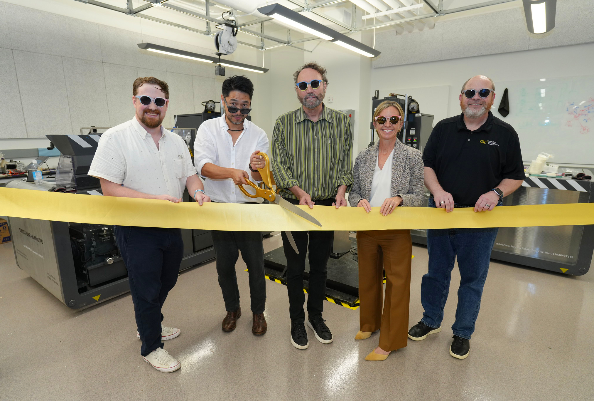 Pictured left-to-right: Tim Trent, director of IPaT's Trash Lab; Arthur Huang, CEO of Miniwiz; Michael Best, executive director of IPaT; Jennifer Chirico, associate vice president of Sustainability; and Rob Kadel, executive director of research program administration.