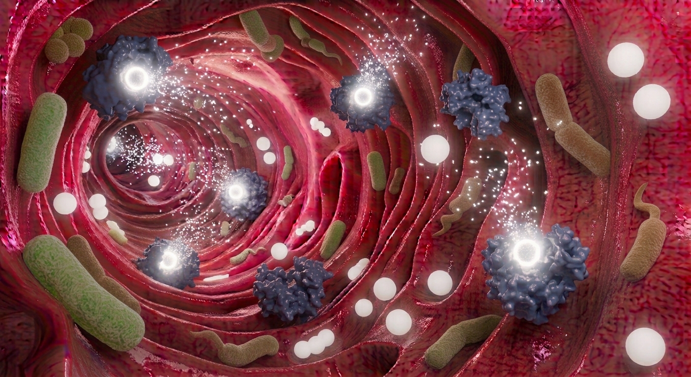 An AI image generated using Google Gemini depicts white ingested probes release gaseous reporters after sensing the activity of GUS (in purple), an enzyme produced by the gut microbiome (tan) that is responsible for unwanted drug side effects (i.e., gastrointestinal toxicity). After release, the gaseous reporters rapidly traffic to the lungs for exhalation, enabling measurement of intestinal GUS activity via simple breath analysis. Thus, ingestible probes enable use of breath tests to predict and manage pos