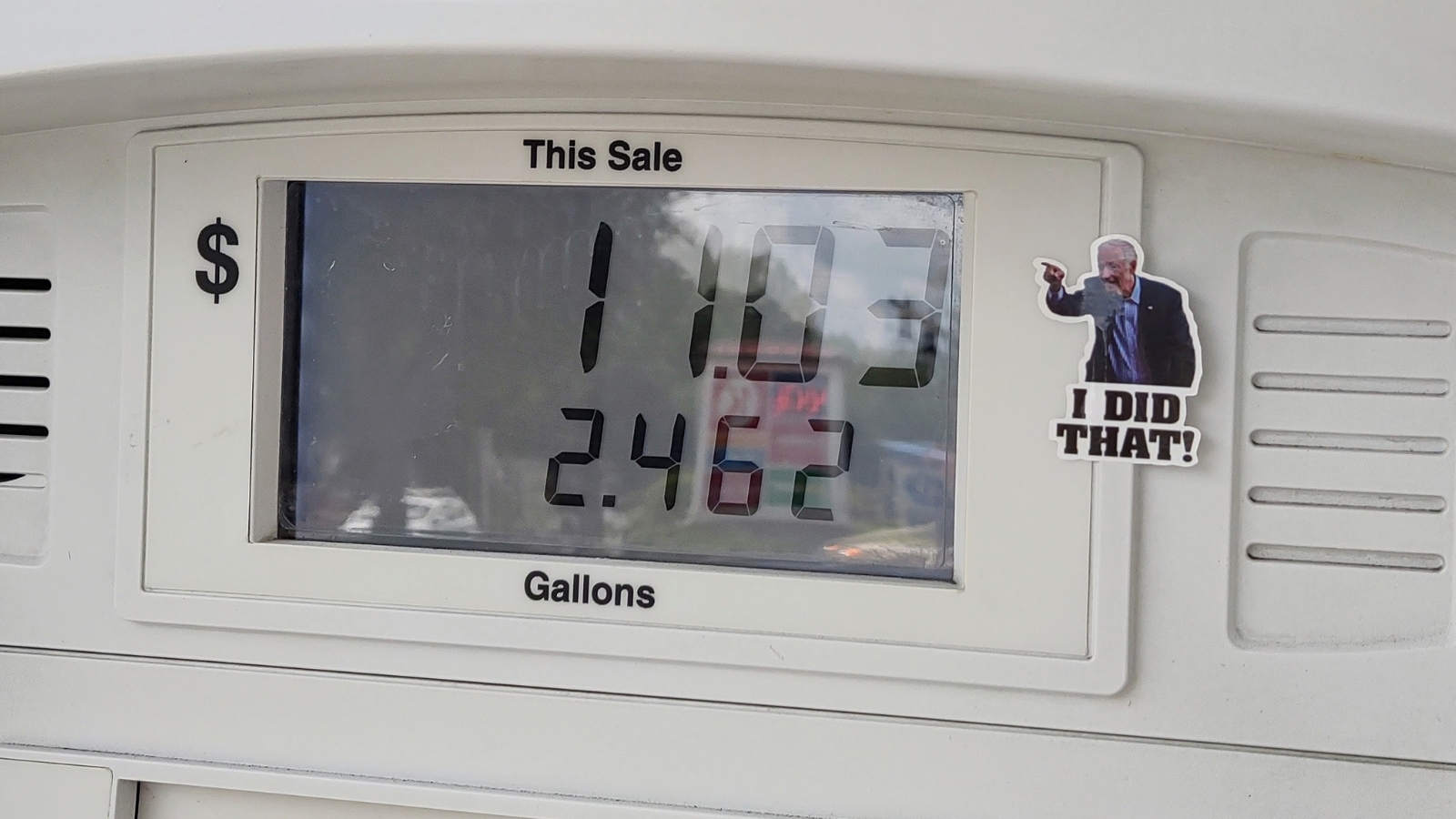 Oliver was inspired by the stickers he saw on gas pumps showing Joe Biden pointing at the price saying "I did that." Photo by Whoisjohngalt, via Wikimedia Commons, licensed under CC BY-SA 4.0.
