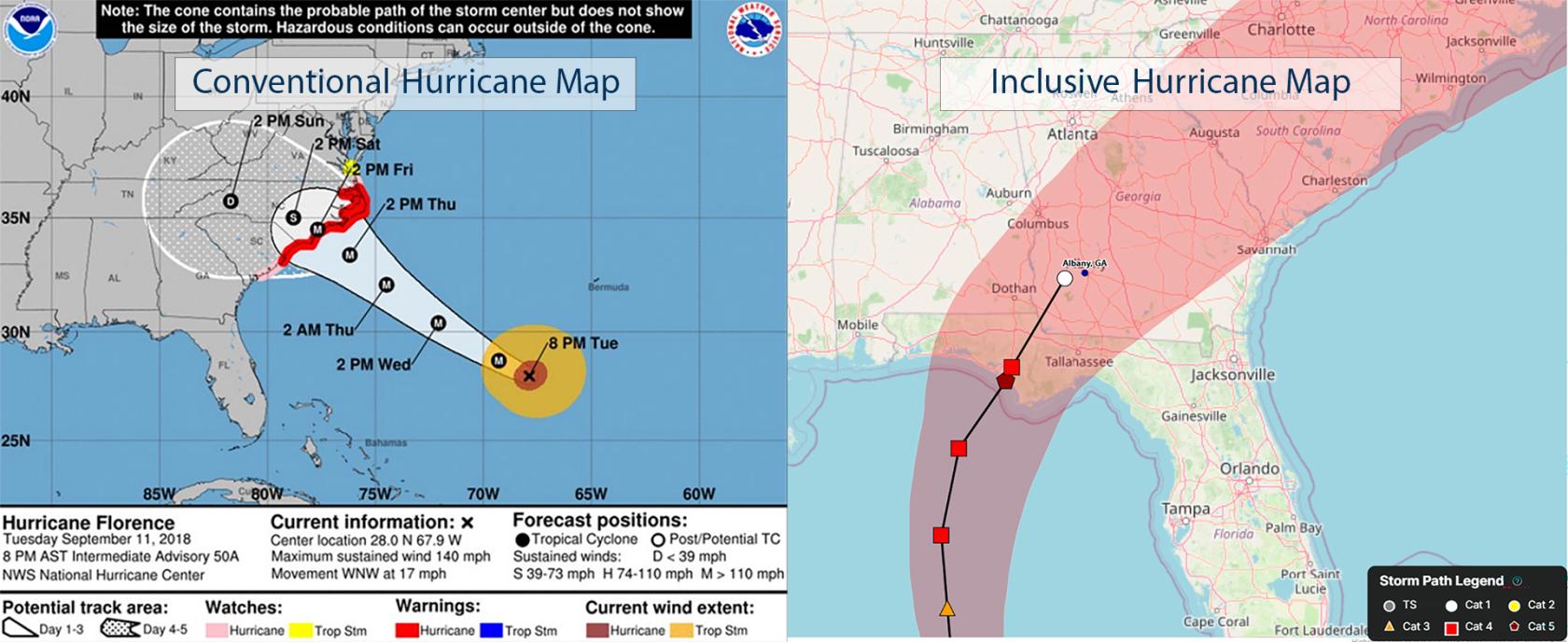 Side‑by‑side comparison graphic showing two hurricane forecast visualizations. The left panel, labeled ‘Conventional Hurricane Map,’ displays a white cone of uncertainty over the Atlantic Ocean and southeastern United States with dated forecast points for Hurricane Florence, while the right panel, labeled ‘Inclusive Hurricane Map,’ shows a red shaded impact corridor over Florida, Georgia, Alabama, and South Carolina with a storm track line and icons indicating storm categories near cities such as Atlanta, T