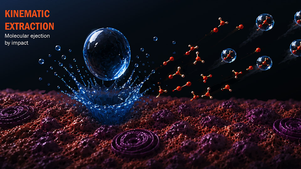 Illustration of a blue droplet striking a biological sample and ejecting molecules from the surface.