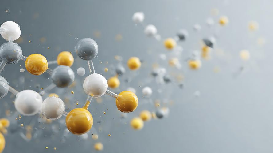 Abstract molecular structure with interconnected white, gray, and yellow spheres against a soft gray background, representing chemistry, materials science, or nanotechnology.Provide your feedback on BizChat