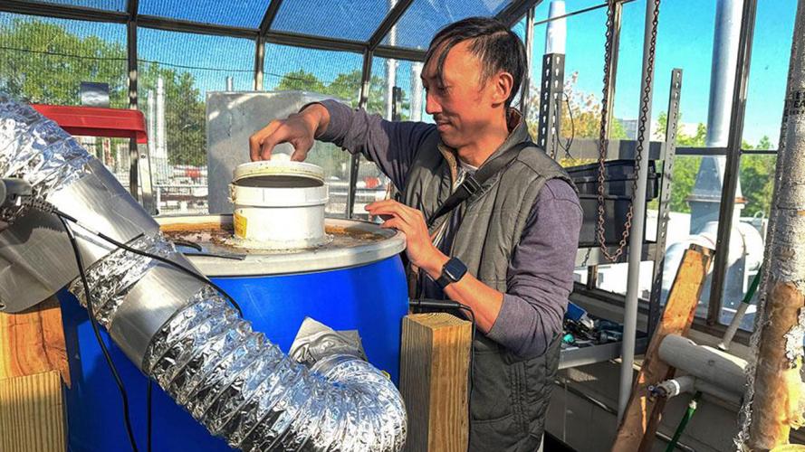 David Hu and his students run an experimental composting unit within a greenhouse on top of a building on Georgia Tech's campus. 