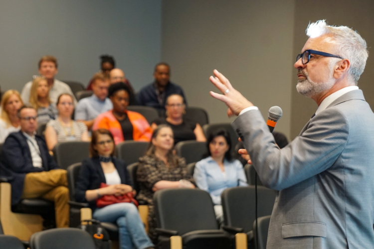 Dean Gaudelli speaks to the College of Lifetime Learning in his first town hall.