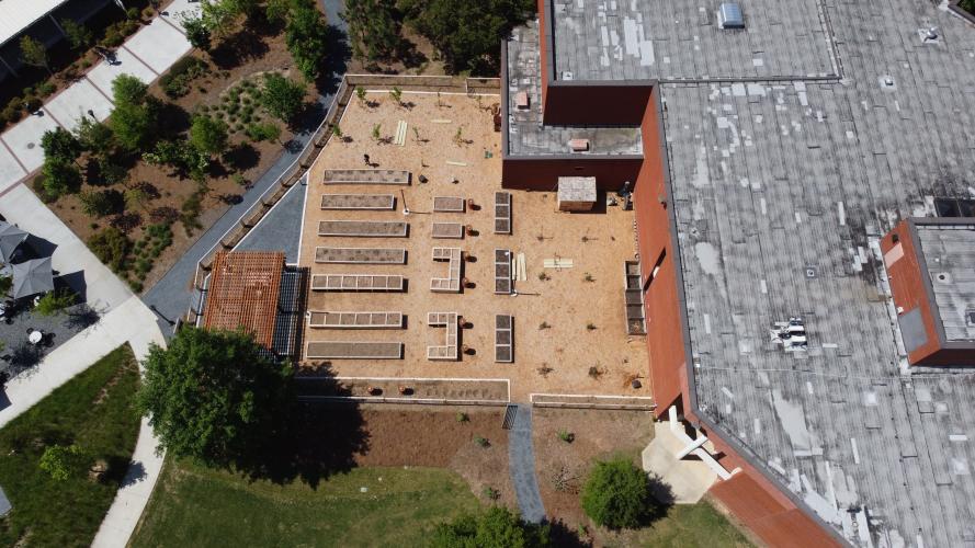 Bird's eye view of the expanded Community Garden 