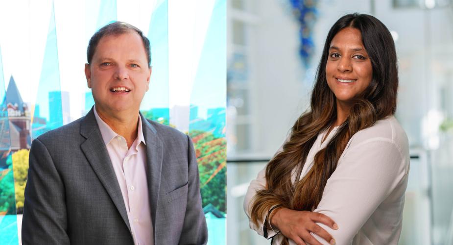 Side-by-side photos of Joel Kostka and Titiksha Fernandes