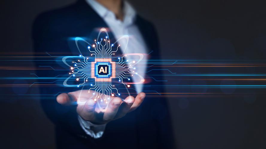 A graphic showing an AI model in an outstretched hand. 