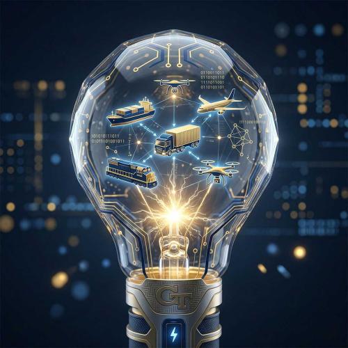 Futuristic illustration showing lightbulb with elements of modern supply chain inside.
