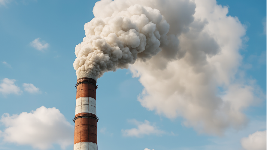 A tall industrial smokestack releasing a large plume of white smoke into a blue sky with scattered clouds.