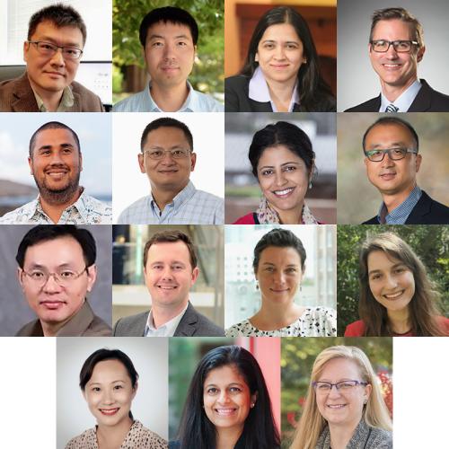 Montage of portraits of the 2023 BBISS Initiative Leads. From L to R: Hailong Chen, Yi Deng, Shatakshee Dhongde, Michael Helms, Josiah Hester, Xiaoming Huo, Neha Kumar, Junshan Liu, Jian Luo, Alex Oettl, Dori Pap, Brigitte Stepanov, Yuanzhi Tang, Anjali Thomas, and Danielle Willkens.