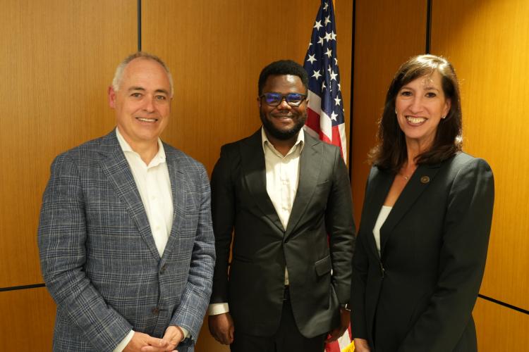 Pictured left-to-right: Georgia Tech President Ángel Cabrera, Daniel Nkemelu, and Carter Center CEO Paige Alexander.