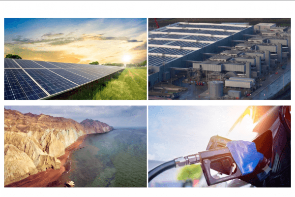 4 panel image: clockwise from upper left - solar panels in field, data center and cooling complex, Hormuz Island, gas pump in a car's fuel port