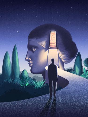 This illustration titled, "Gateway to Memory," illustrates Dr. Singer's and Jeong's research and how interneurons act as gatekeepers that open specifically on paths to important locations to enable learning for those places. This art imaginatively represents this inhibitory gating as a monolithic gate opening and spilling light onto the crucial path, guiding the seeker toward their goal. Art by Myriam Wares