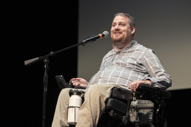 From clinical trial participant to BCI advocate, Ian Burkhart shares his story at “Wired Lives,” organized by Georgia Tech’s Neuro Next Initiative. Photo: Chris McKenney