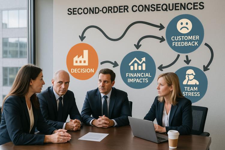 Management team sitting around conference room table discussing concerns about a business decision