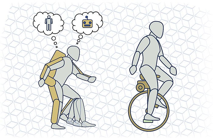 Graphic of person using an assistive device thinking about how a robot could hep learn riding a unicycle