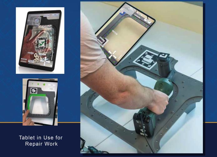 RepĀR aircraft maintenance system being used with a tablet. The system uses a combination of augmented reality, computer vision, and artificial intelligence.