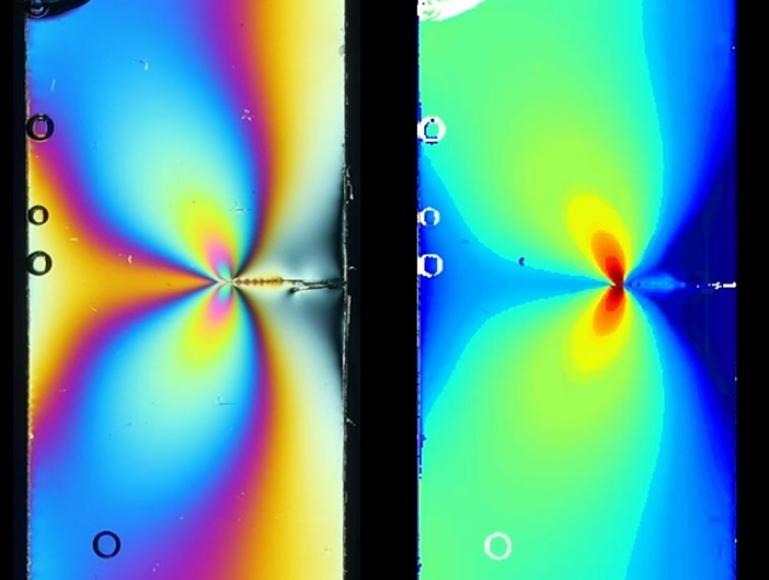 Side-by-side scientific visualization comparing in-situ photoelasticity and modeled stress field evolution during fracture testing of a transparent material. The left panel shows a rectangular specimen with rainbow-colored stress patterns radiating from a crack tip near the center-right edge, while the right panel shows a corresponding color-coded stress map with blue, green, yellow, and red regions indicating increasing stress concentration around the crack tip. Labels at the top identify the two methods.