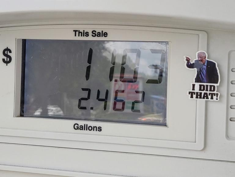 Oliver was inspired by the stickers he saw on gas pumps showing Joe Biden pointing at the price saying "I did that." Photo by Whoisjohngalt, via Wikimedia Commons, licensed under CC BY-SA 4.0.