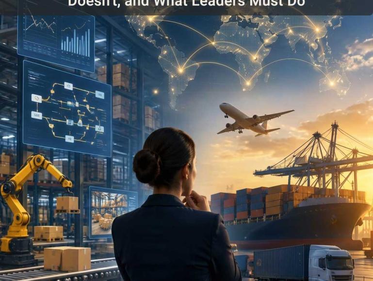 A woman in a suit seen from behind looks out over a global logistics hub featuring warehouse automation, digital analytics displays, an airplane in flight, a cargo ship at a port, a semi-truck, and a glowing world map with connected routes.