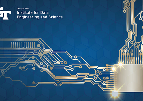 This image features the logo for the Georgia Tech Institute for Data Engineering and Science. It displays a stylized, abstract graphic of a circuit board and a semiconductor chip against a deep blue background. The design emphasizes concepts related to data science, engineering, and artificial intelligence