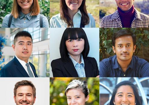Collage of nine headshot portraits arranged in a three-by-three grid. The portraits show individuals photographed from the shoulders up in a variety of indoor and outdoor settings, including office spaces, landscaped outdoor areas, and neutral backgrounds, with professional or business-casual attire. The images are evenly spaced and presented in a consistent square format with varied background colors and lighting conditions.