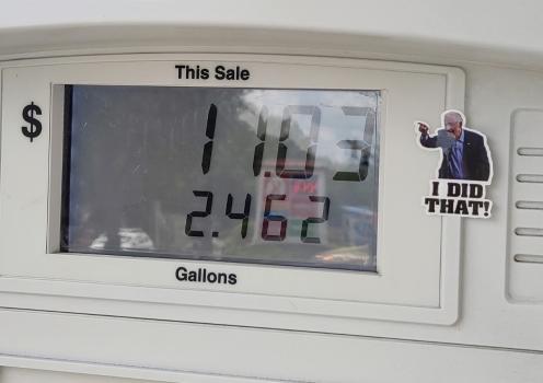 Oliver was inspired by the stickers he saw on gas pumps showing Joe Biden pointing at the price saying "I did that." Photo by Whoisjohngalt, via Wikimedia Commons, licensed under CC BY-SA 4.0.