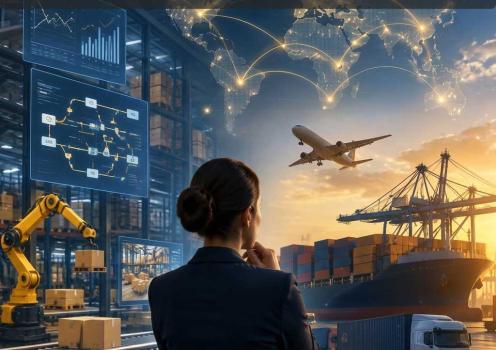 A woman in a suit seen from behind looks out over a global logistics hub featuring warehouse automation, digital analytics displays, an airplane in flight, a cargo ship at a port, a semi-truck, and a glowing world map with connected routes.