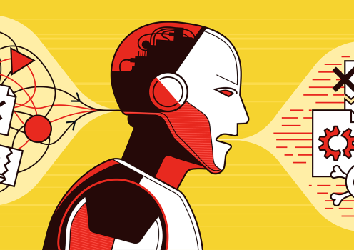 A red robot in front of a yellow background emits a speech bubble that indicates harmful output