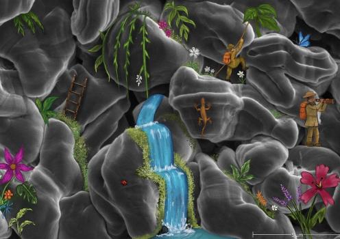 Scanning electron micrograph transformed into a miniature valley landscape, with illustrated waterfalls, vegetation, flowers, wildlife, explorers, and a 5-micrometer scale bar.