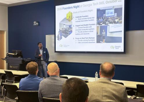 Billyde Brown addresses attendees beneath a slide outlining goals for 2026 Founders Night at Georgia Tech IMS, including celebrating, supporting, and enabling founders.