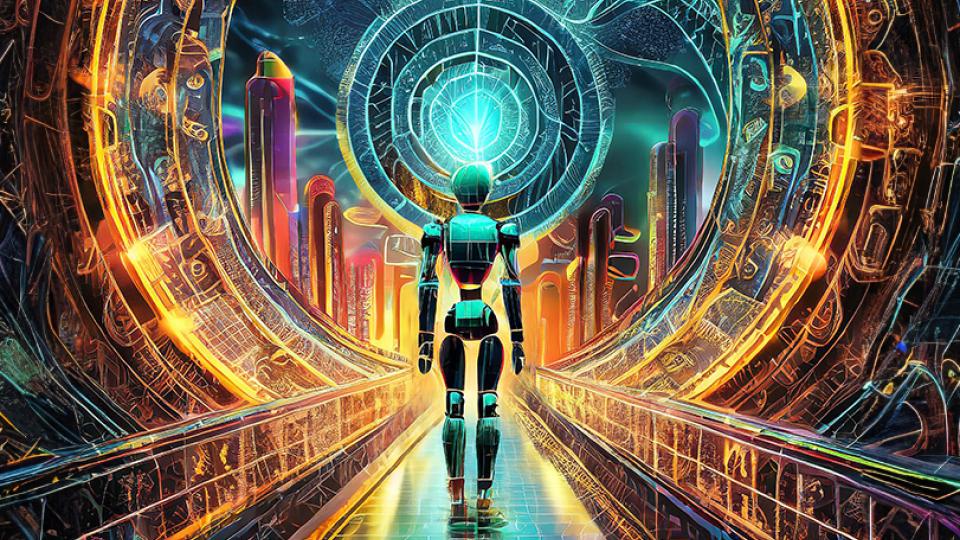 An AI generated image of a humanoid robot looking at a futuristic city