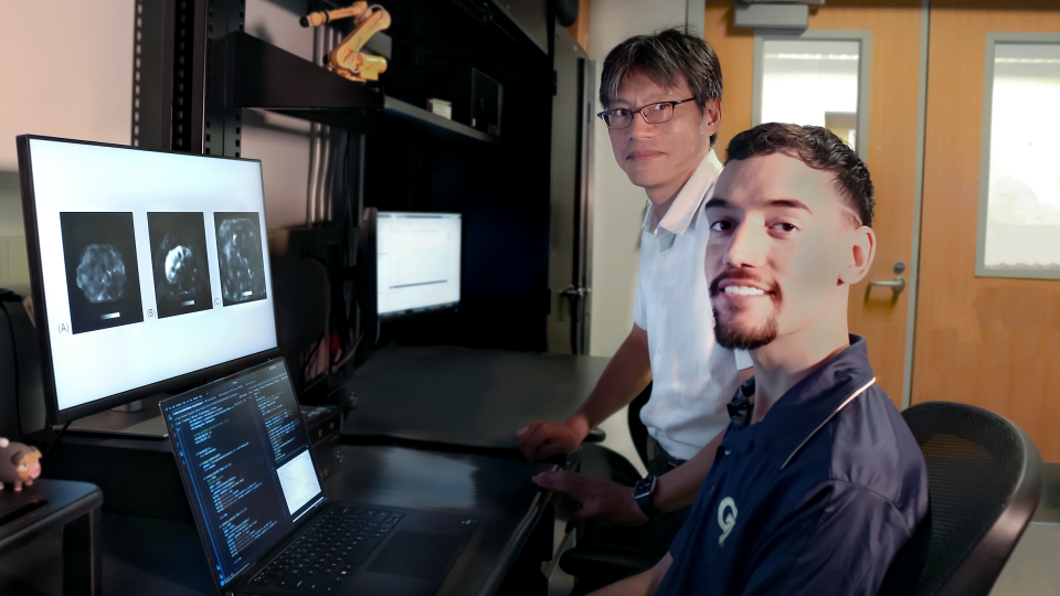 Professor Jun Ueda in the George W. Woodruff School of Mechanical Engineering and robotics Ph.D. student Heriberto Nieves.
