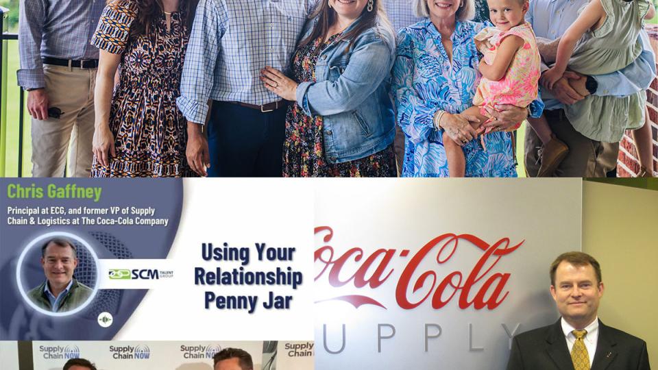 Collage with Chris and his family in 2024, from his days at Coca-Cola, from the SCM Talent podcast, and Supply Chain Now with Scott Luton and Greg White