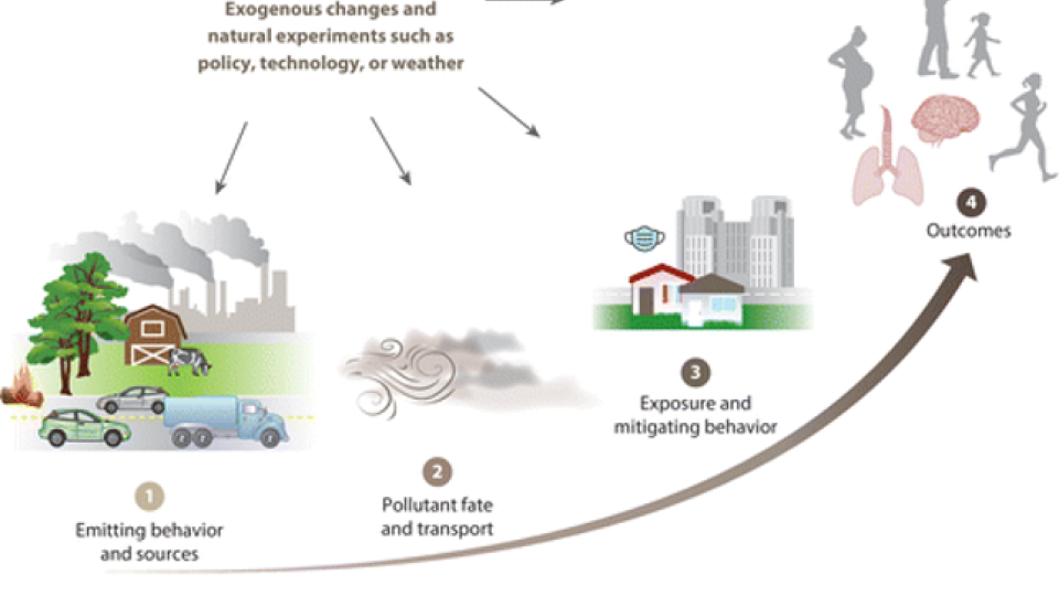 Simple schematic documenting the path of air pollution from emissions to outcomes. This review discusses the challenges of measuring how emissions of pollutants (step 1) disperse through the air (step 2) to become eventual exposures (step 3) and health outcomes (step 4).