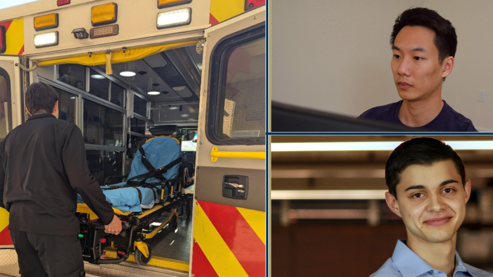 Bradford “Brad” Greer (bottom) and Kevin Ge (top), both 2023 graduates from the George W. Woodruff School of Mechanical Engineering, and founders of CADMUS Health Analytics. Left, Greer loading a stretcher after dropping a patient off.