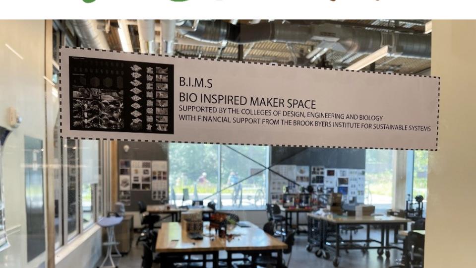 EcoMake logo paired with image of the signage in the entrance to the new maker space.