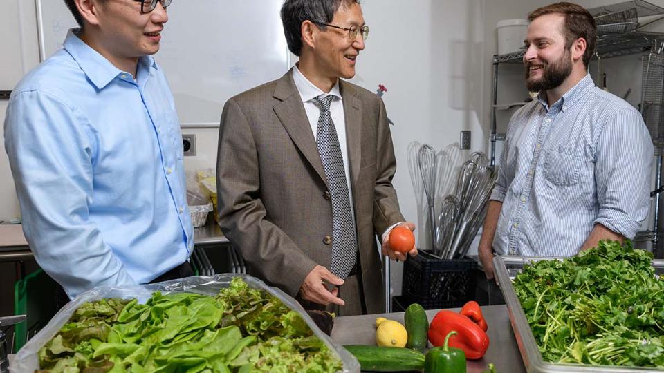Three Georgia Tech researchers talking behind a table loaded with lettuce and vegetables.