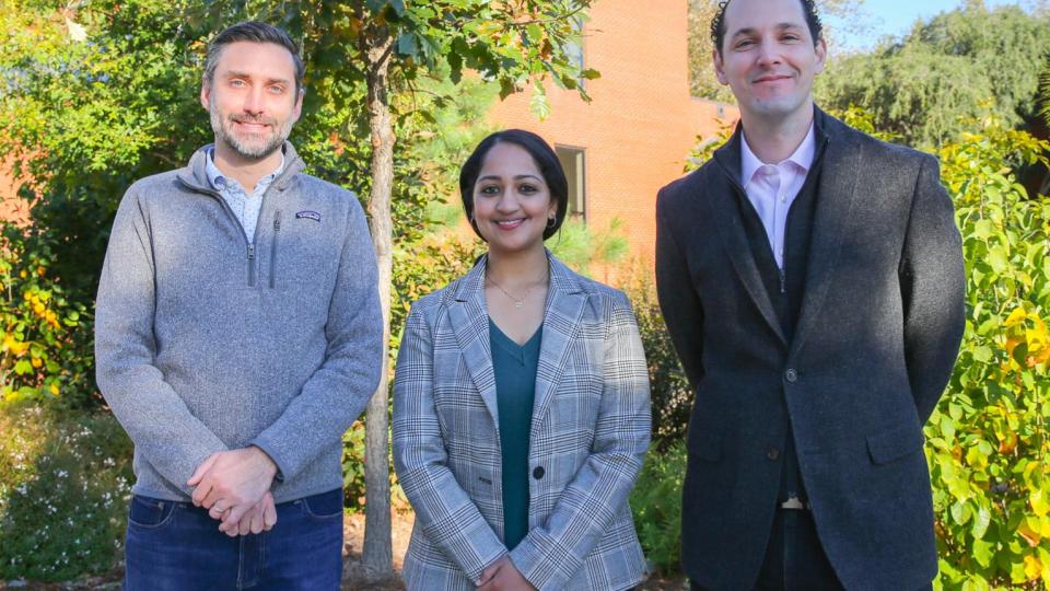 Pictured left to right: Associate Professor Matthew McDowell (ME), Assistant Professor Akanksha Menon (ME), and Assistant Professor Claudio Di Leo (AE).